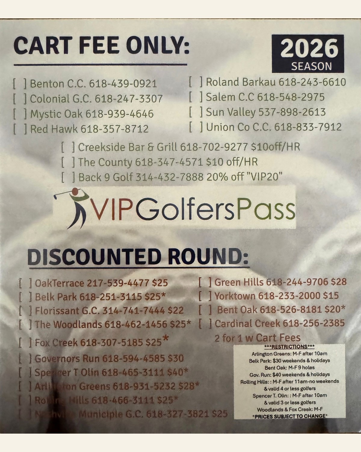 Back of the 2026 VIP Golfers Pass showing course offers