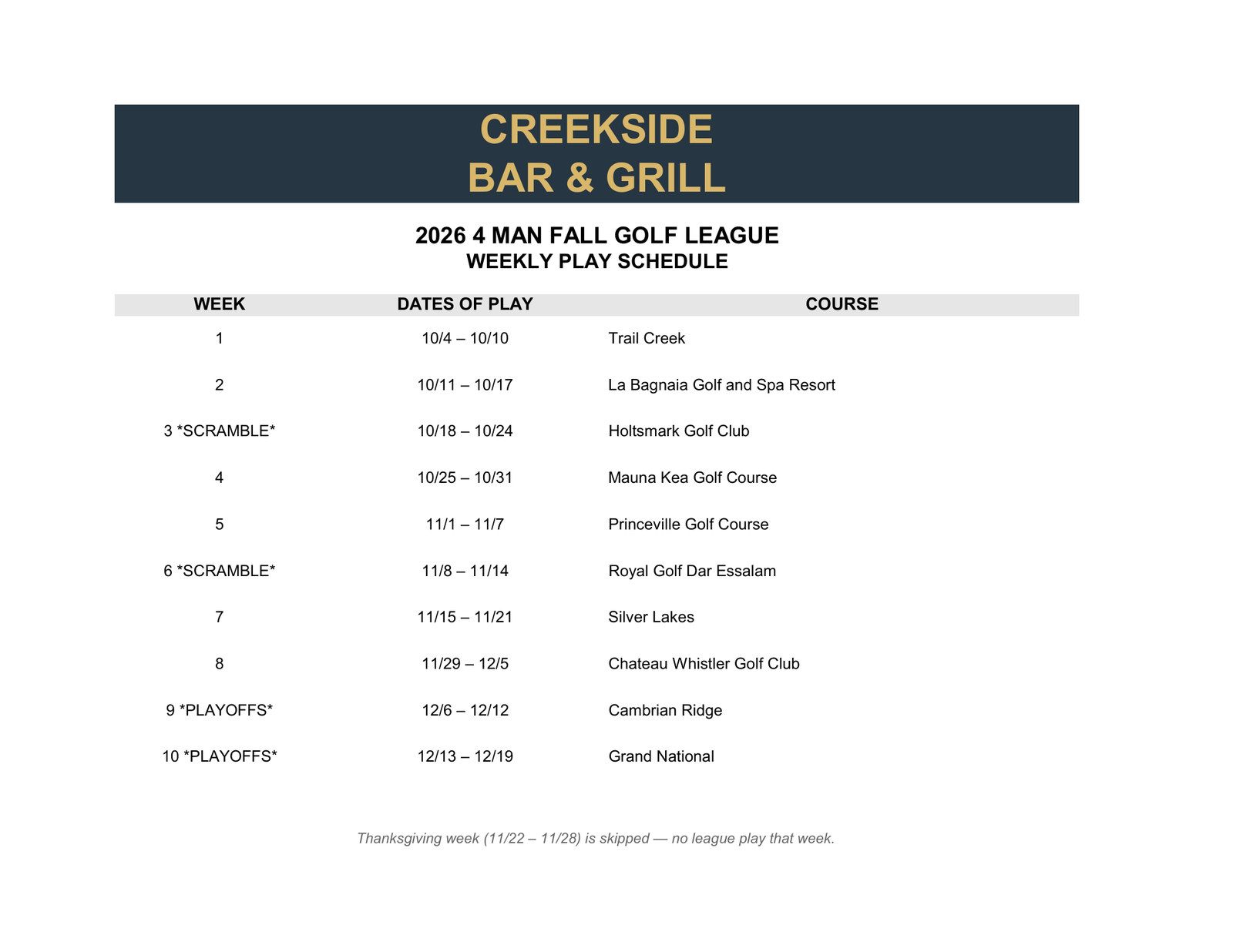 2026 Fall League Schedule and Courses